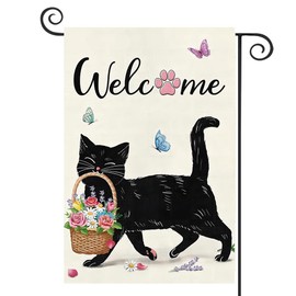 DMERBYL Welcome Spring Garden Flag 12x18 Double Sided Burlap, Small Vertical Black Cat Floral Garden Yard Flags for Spring Outdoor Outside Decoration (Only Flag)