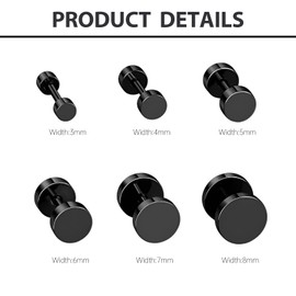 Uwiyo 6 Pairs Stud Earrings, Stainless Steel Dot Stud Earring for Men Women Silver Black Screw Flat Back Earring Fake Plug Screwback Earrings Piercing Set Unisex, 3-8mm (Black)