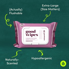 Goodwipes Flushable Wipes – Made with Vitamin E & Aloe – Soft, Individually Wrapped Butt & Feminine Cloths for On-the-Go & Travel Use – Largest Adult Toilet Towelettes – Rosewater, 1 pack, 32 count