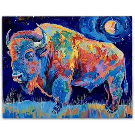 Starry Starry Bison Abstract Painting 11x14 Poster-National Park Night Sky Landscape, Farmhouse Rustic Style, Vibrant Wildlife Cabin Artwork, American Buffalo, Western Outdoors, Unique Animal Painting