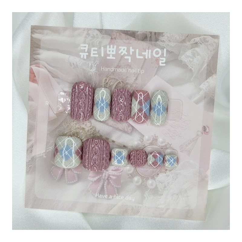 Argyle knit handmade nail tips, pedi tips - Oval XL