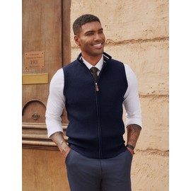 PJ PAUL JONES Men's Sweater Vest Full Zip Twill Textured Sleeveless Vests Stand Collar Casual Wear Navy Blue, S