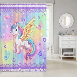 Unicorn Fabric Shower Curtain for Kids Butterfly Flower Bathroom Waterproof Accessories with 12 Hooks Multicolor Unicorn Shower Curtain Bedroom Decor Rainbows Purple Galaxy Curtains,72x72 Inches