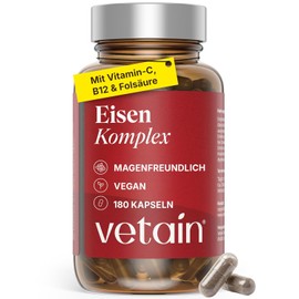VETAIN Iron Complex – 180 Vegan Capsules – With 20 mg Iron Bisglycinate, Vitamin C, Copper, Vitamin B6, B12 & Folic Acid – High Dose & No Additives – Produced & Laboratory Tested in Germany