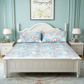 ABREEZE 100% Egyptian Cotton Sheet Set Queen Beach Themed Bedding Sets Coastal Bedding Seashells and Starfish Nautical Bedding with Deep Pocket Fitted Sheet 4-Pieces