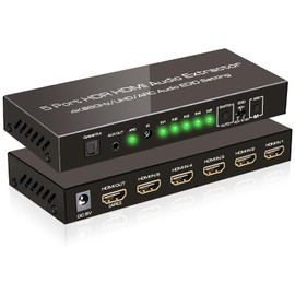 SkycropHD 4K@60Hz HDMI Switch Audio Extractor Converter, 5 in 1 Out HDMI Switcher with Optical & 3.5mm AUX Audio Output, Support HDCP 2.2, HDR10, 18Gbps, ARC