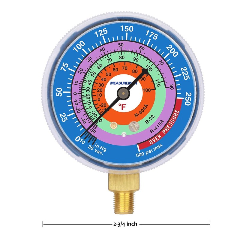 MEASUREMAN Refrigeration Pressure Gauge, 2-3/4" Dial, Blue Dial & Red