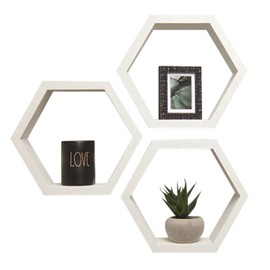 Drakestone Designs Hexagon Floating Wall Shelves, Farmhouse Style Decorative Bookshelves for Kitchen, Bedroom, Living Room, and More, Solid Wood, 10.13" H x 11.75" W x 4.00" D, White, 3-Pack