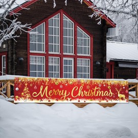 Merry Christmas Banner, Red and Gold Large Merry Christmas Banner Outdoor Christmas Banner Xmas Tree Elk Banner for Christmas Holiday Party Fence Yard Sign Decoration Photo Background,9.8 × 2ft