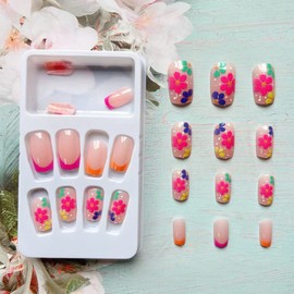 Short Square Fake Nails French Tip Press on Nails Nude Pink False Nails with Flower Designs Glossy Acrylic Nails Full Cover Artificial Glue on Nails Stick on Nails for Women Nail Decorations
