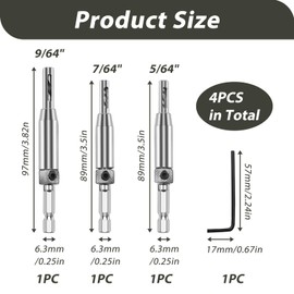 3 Pcs Hinge Drill Bit Set, Self Centering Drill Bit, Hex Shank Hinge Drill Bit Guide Set, Hexagon Spanner and HSS Drill Bits for Woodworking, Door & Cabinet Installation (5/64", 7/64", 9/64")