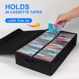 BOATISLE Cassette Tape Storage Box with Handles and Lid – Cassette Tape Holder and Organizer with External Label Slots, Stackable Cassette Storage Rack, 4Pack-Black