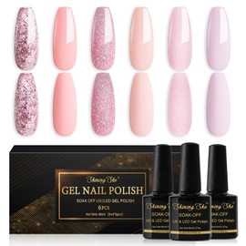 Shining She Semi-Permanent Nail Polish Nude Pink, 6 Colors Delicate Pale Pink Glitter, UV Soak-Off for Beginners Nail Art DIY, 8ml