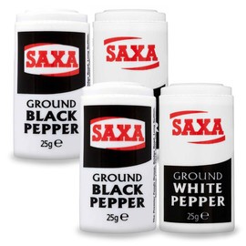 Saxa Ground Pepper | Pack of 4 | White Pepper 25g x 2, Black Pepper 25g x 2