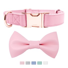 Soft Leather Bowtie Dog Collar - Adjustable Cute Bow Tie Collar [Easy to Clean] with Stylish Rose Gold Heavy Duty Metal Buckle for Small Medium Large Dogs Pink S