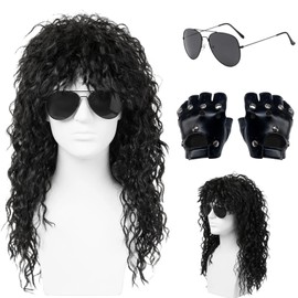 3-Piece Set Michael Jackson Wig 80s Rock, Complete Costume Transformation for Music Festivals and Themed Parties, Long Curly Wig with Sunglasses and Gloves for Rock Concert Style