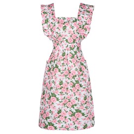 MIKI WELL Vintage Women Pink Apron Dress - Ruffles with Pockets- Floral Print Kitchen Chef Baking Garden Apron (Pink)