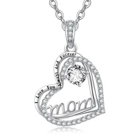 Cubic Zirconia Jewelry April Birthstone Mom Necklace for Women Sterling Silver Heart Birthstone Necklace I Love You Mama Pendant Anniversary Wedding Birthday First Mom Gifts for Women