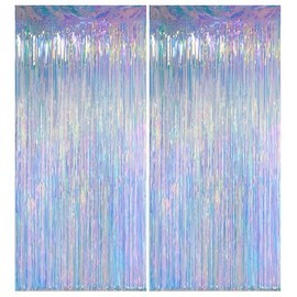 Iridescent Clear Tinsel Curtain Backdrop, 3.28 x 8ft Extra Long Rainbow Foil Fringe Curtain with Extra Tape, Shimmer Party Decoration for Ocean, Unicorn, Birthday & Photo Booth, 2 Pack