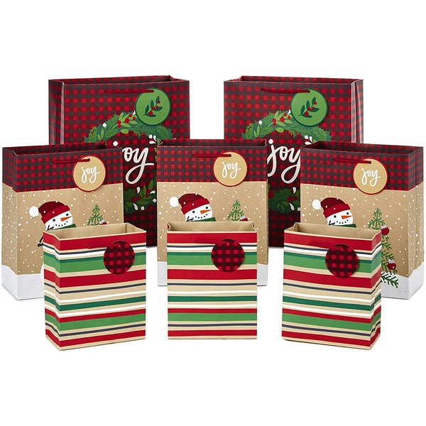 Hallmark Christmas Gift Bag Assortment, Traditional (Pack of 8 Gift Bags; 3 Small 6", 3 Medium 9", 2 Large 13") Snowmen, Red Plaid, Kraft Stripes, "Joy" Wreath