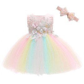 Weileenice Blush Pink Flower Baby Girl Dress Peach Rainbow Tulle Lace Embroidery Infant Princess 1st Birthday Party Wedding Pageant Outfit Toddler Formal Holiday Tutu Dresses Headband 24M/ 18-24