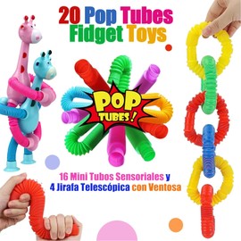 20 Pop Tubes Fidget Toys, 16 Mini Tubos Sensoriales y 4 Jirafa Telescópica con Ventosa, Colorido Kit de Tubos Estirable para Niños y Adultos, Juguetes para Aliviar el Estrés, Regalos Fiesta Infantil