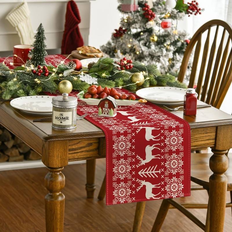 Artoid Mode Red Reindeers Christmas Table Runner, Seasonal Winter Merry