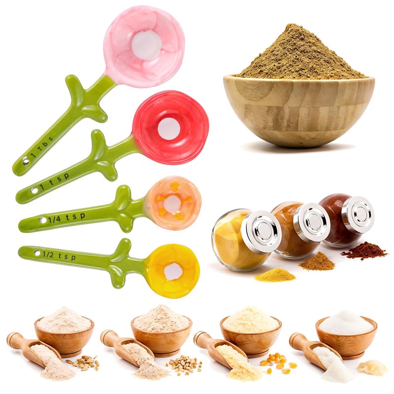 Flower Measuring Spoons Set in Pot - Ceramic Baking Measuring