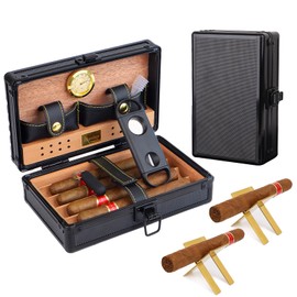 Portable Travel Cigar Humidor Set, Insides Magnetic Hygrometer & Cedar Wood, 2 Gold Cigar Holders, Humidifier, Cigar V Cutter & Cigar Punch, Precious Cigar Case for Christmas, Birthday, Business