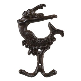 Ebros Gift Pack of 2 Cast Iron Rustic Bronze Finish Nautical Ariel Mermaid Princess Rising Above The Ocean Waves 2 Prong Double Wall Hook Hangers Sculptures