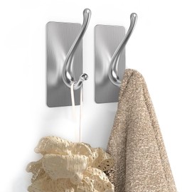 JCHOUS Towel Hooks, Solid Alloy Adhesive Wall Hooks for Hanging, Towel Hooks for Bathroom, RV, Kitchen, Closets, etc (Silver, 2 Pack)