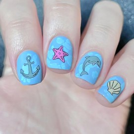 IMSOHOT Press on Nails Short Square Fake Nails Matte Blue False Nails with Starfish & Dolphins Designs Full Cover Glue on Nails Cute Summer Acrylic Artificial Nail Supplies for Women 24Pcs