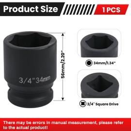 Deep 6-Point Impact Socket 3/4" Drive 34mm,Chrome Molybdenum Steel, Anti-Rust Metric Hex Socket for Car Repairs and Impact Wrench