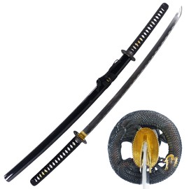 MAKOTO Handmade Sharp Katana Samurai Sword, Black, Choose Your Tsuba (Round Dragon)