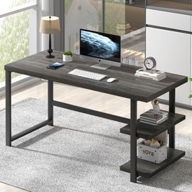 FOLUBAN Home Office Desk, Modern Computer Desk with Storage Shelf, Wood Study Writing Gaming Table for Bedroom Living Room, Industrial Dark Gray, 53 Inch