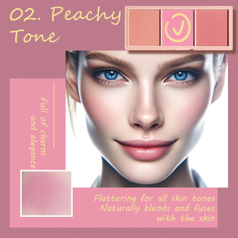 3 Color Matte Pink Blush Palette with Brush, Long Lasting