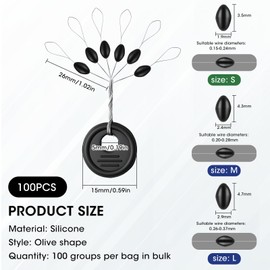 Jesiah 600 Pcs Fishing Bobber Stopper, 6 in 1 Rubber Fishing Floats Stop Oval Float Sinker Line Stops Black Terminal Tackle Ledgers Accessories Fishing Beads 0.15 to 0.24mm Line Stops (Size S)