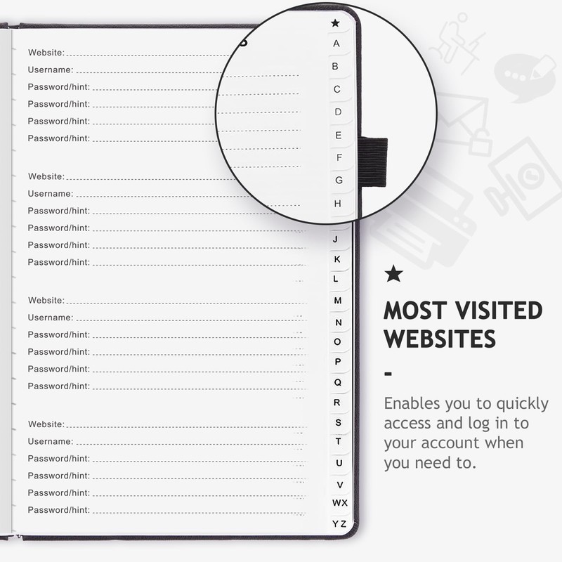 JUBTIC Password Book with Individual Alphabetical Tabs, 7"x10" Internet Password