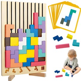 Wooden Puzzle Tetris, Tetris Wooden Game, Stacking Game Tetris, Colourful Geometric Blocks with 10 Cards, Montessori Games 3-6 Years, Game Gift for Boys and Girls