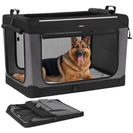 Feandrea Collapsible Dog Crate, 42-Inch Portable Dog Travel Crate for Large Dogs, Oxford Fabric Pet Carrier with 4 Mesh Doors, Handles, Storage Pocket, Water Bottle Holder, Ink Black UPDC021B01