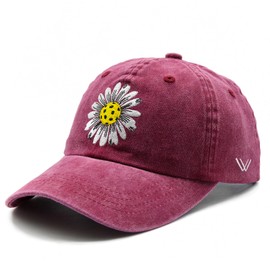 Waldeal Pickleball Hat for Women, Ajustable Embroidered Daisy Washed Denim Baseball Cap, Burgundy
