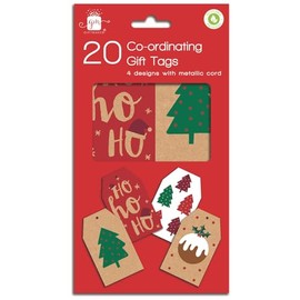 Gift Tags Christmas Kraft Brown & Red Xmas Pudding Trees Eco Friendly Pack 20 Co-Ordinating Foiled