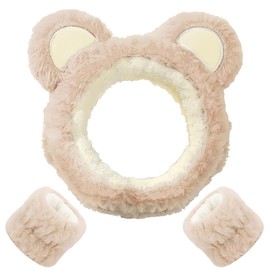 NJCXOLA Pack of 3 Spa Face Headband Wrist Wash Bands Set Soft Makeup Hair Band Elastic Wrist Sweatband Fluffy Cosmetic Headband for Women Girls (Khaki, Bear Ears)