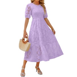 ZESICA Women's 2024 Summer Short Puff Sleeve Crewneck Smocked Floral Lace Flowy A Line Tiered Maxi Dresses,Lightpurple,Medium