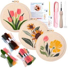 Punch Needle Kit for Adults,3 Sets Punch Needle Kits Beginner DIY Embroidery Starter Set with Tools for Home Decoration, Family, Friends Gifts(Flowers)