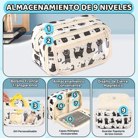 Nasjac Estuche para Lápices de Grande Capacidad con 9 Compartimentos, Estuche Papelería con Kawaii Patrón Animado, Bolsa de Lapicera Bolígrafos Cremallera de Gran Apertura para la Escuela,Oficina