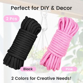 2 Pack Soft Cotton Rope, 10 M/33 Feet 8 MM Thick Rope Cord, All Purpose Garden String for DIY Craft, Hanging, Bundling & Tying, Durable Twisted Cotton Ropes (Black + Pink)