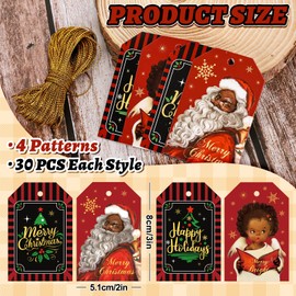 AnyDesign 120Pcs Christmas Paper Gift Tags with Golden Rope Black Santa Angel Hanging Labels with Holes 4 Designs Xmas Hanging Tags for Holiday Party Art Craft Present Supplies, 3 x 2 Inch