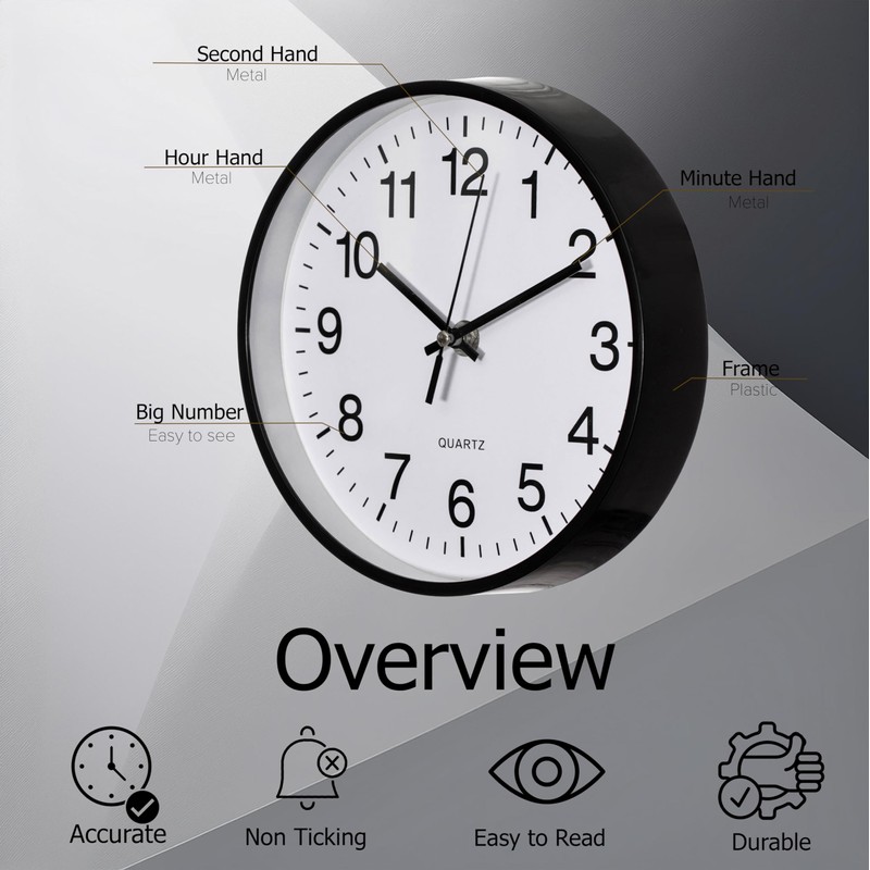 Clockswise Black 8-in Analog Clock Silent, Non-Ticking for Wall, Office