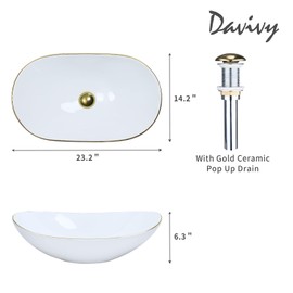 Davivy 23.2''X14.2'' Large Oval Vessel Sink with Pop Up Drain,Boat Shape Vessel Sink with Gold Trim,Bathroom Sinks Above Counter,Ceramic Vessel Sinks,Oval Sink Bowls for Bathroom (Large)
